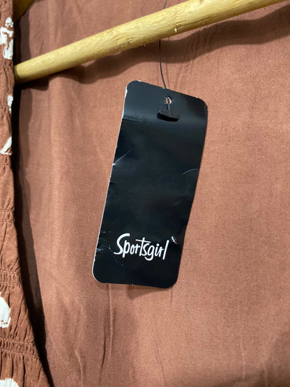 SPORTS GIRL |L| BUST 19| A45| BROWN AND CREAM FLORAL SCRIPT V-NECK TECHNICAL UTILITY MAXI DRESS