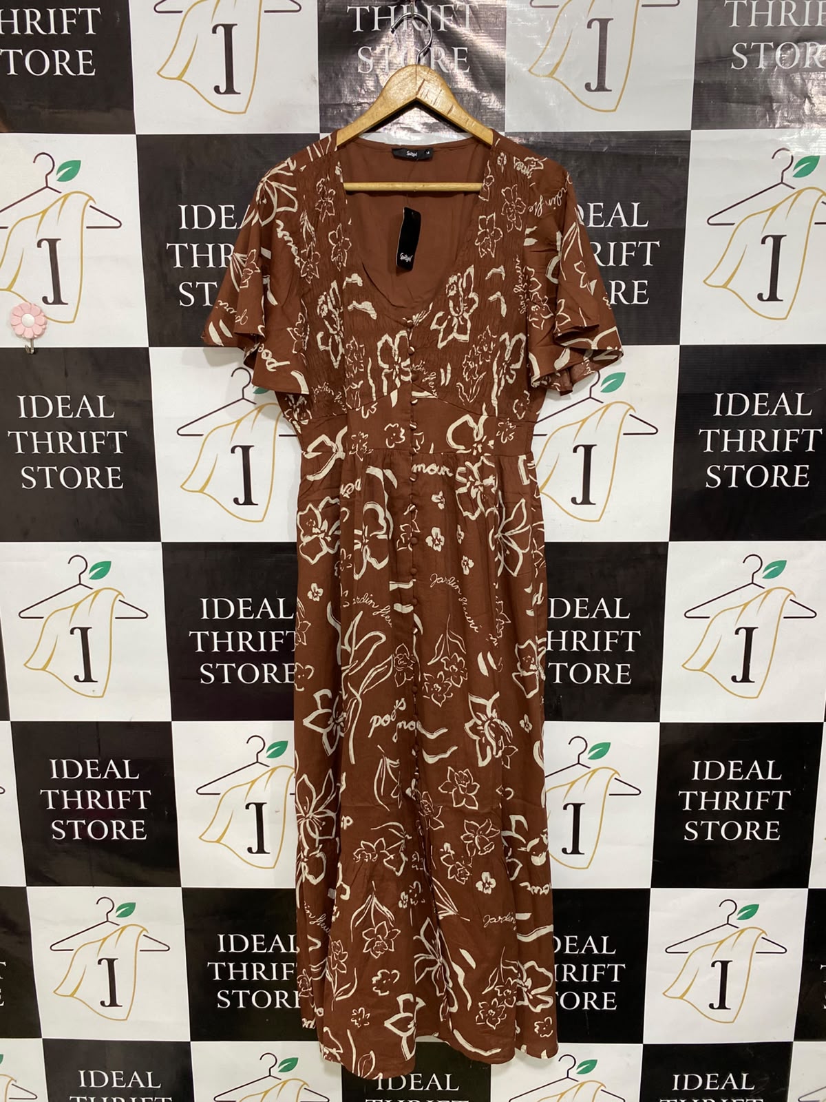 SPORTS GIRL |L| BUST 19| A45| BROWN AND CREAM FLORAL SCRIPT V-NECK TECHNICAL UTILITY MAXI DRESS