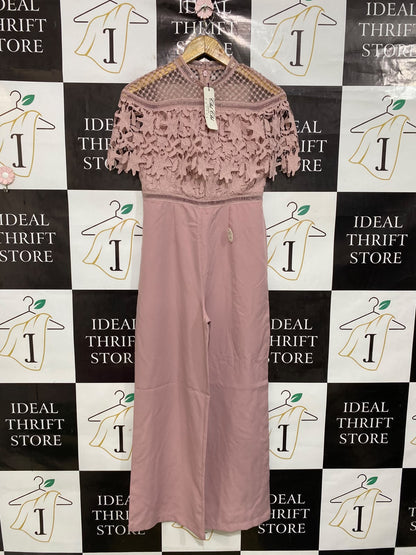CHI CHI |M| BUST 16| A45| DUSTY PINK LACE-TOP TECHNICAL UTILITY JUMPSUIT