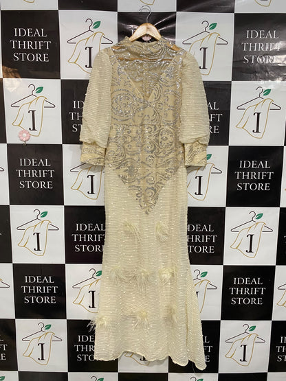 |L| BUST 17| A45| EMBELLISHED FEATHER-TRIM TECHNICAL UTILITY MAXI DRESS