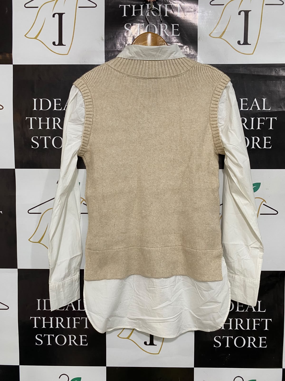NEXT |XS| BUST 16| A45| BEIGE V-NECK SWEATER VEST AND WHITE SHIRT LAYERED TECHNICAL UTILITY TOP