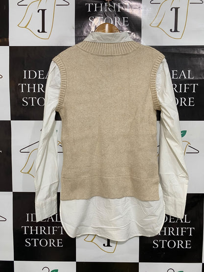 NEXT |XS| BUST 16| A45| BEIGE V-NECK SWEATER VEST AND WHITE SHIRT LAYERED TECHNICAL UTILITY TOP