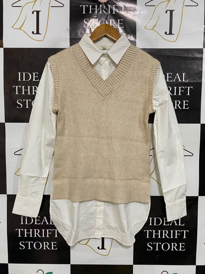 NEXT |XS| BUST 16| A45| BEIGE V-NECK SWEATER VEST AND WHITE SHIRT LAYERED TECHNICAL UTILITY TOP