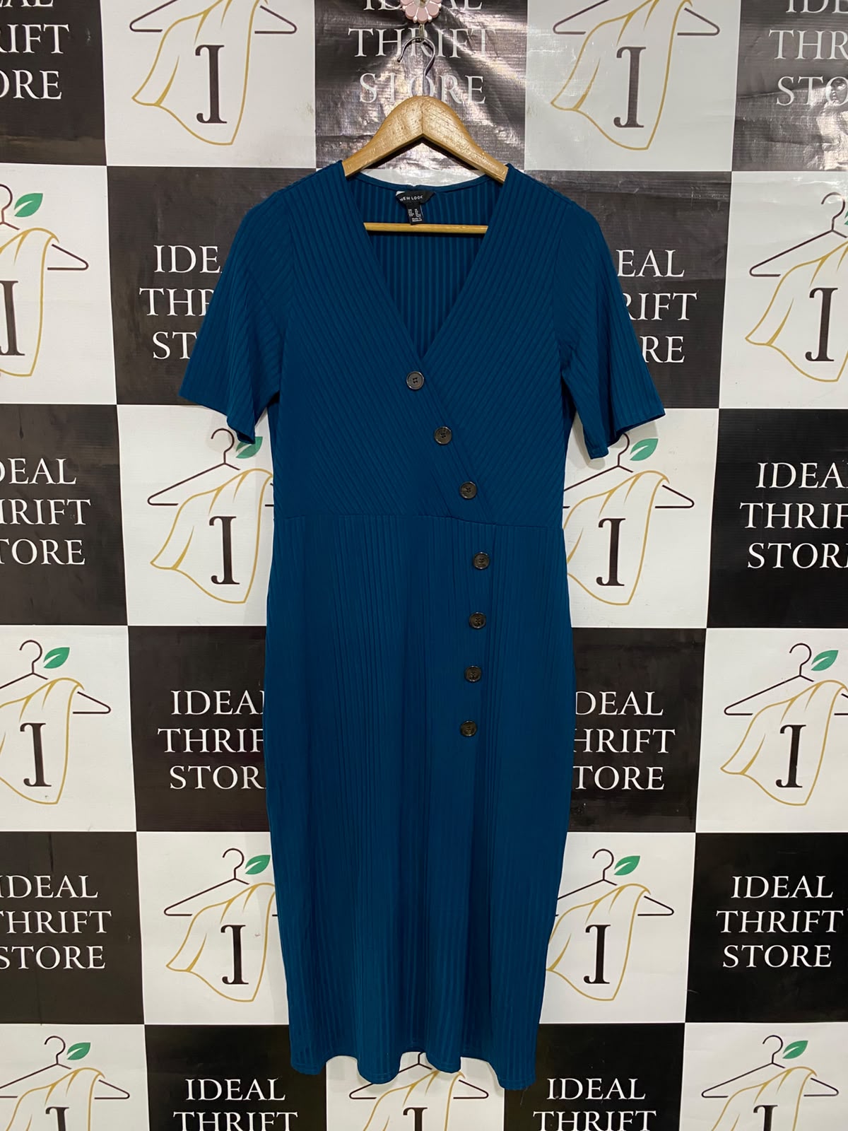 NEW LOOK |M| BUST 18| A45| TEAL RIBBED ASYMMETRIC BUTTON TECHNICAL UTILITY MIDI DRESS