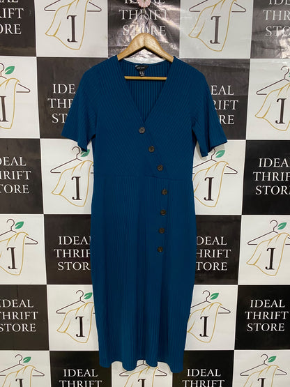 NEW LOOK |M| BUST 18| A45| TEAL RIBBED ASYMMETRIC BUTTON TECHNICAL UTILITY MIDI DRESS