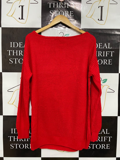 BOOHOO |L| BUST 22| A44| RED BOAT-NECK OVERSIZED RIBBED TECHNICAL UTILITY KNIT SWEATER
