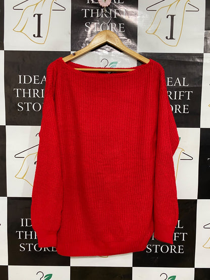 BOOHOO |L| BUST 22| A44| RED BOAT-NECK OVERSIZED RIBBED TECHNICAL UTILITY KNIT SWEATER