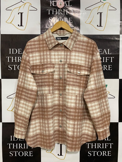 ZARA |M| BUST 23| A44| BROWN PLAID OVERSIZED TECHNICAL UTILITY SHIRT JACKET