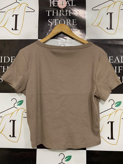 PRIMARK CARES |XL| BUST 20| A44| TAUPE RIBBED V-NECK TECHNICAL UTILITY CROP TOP