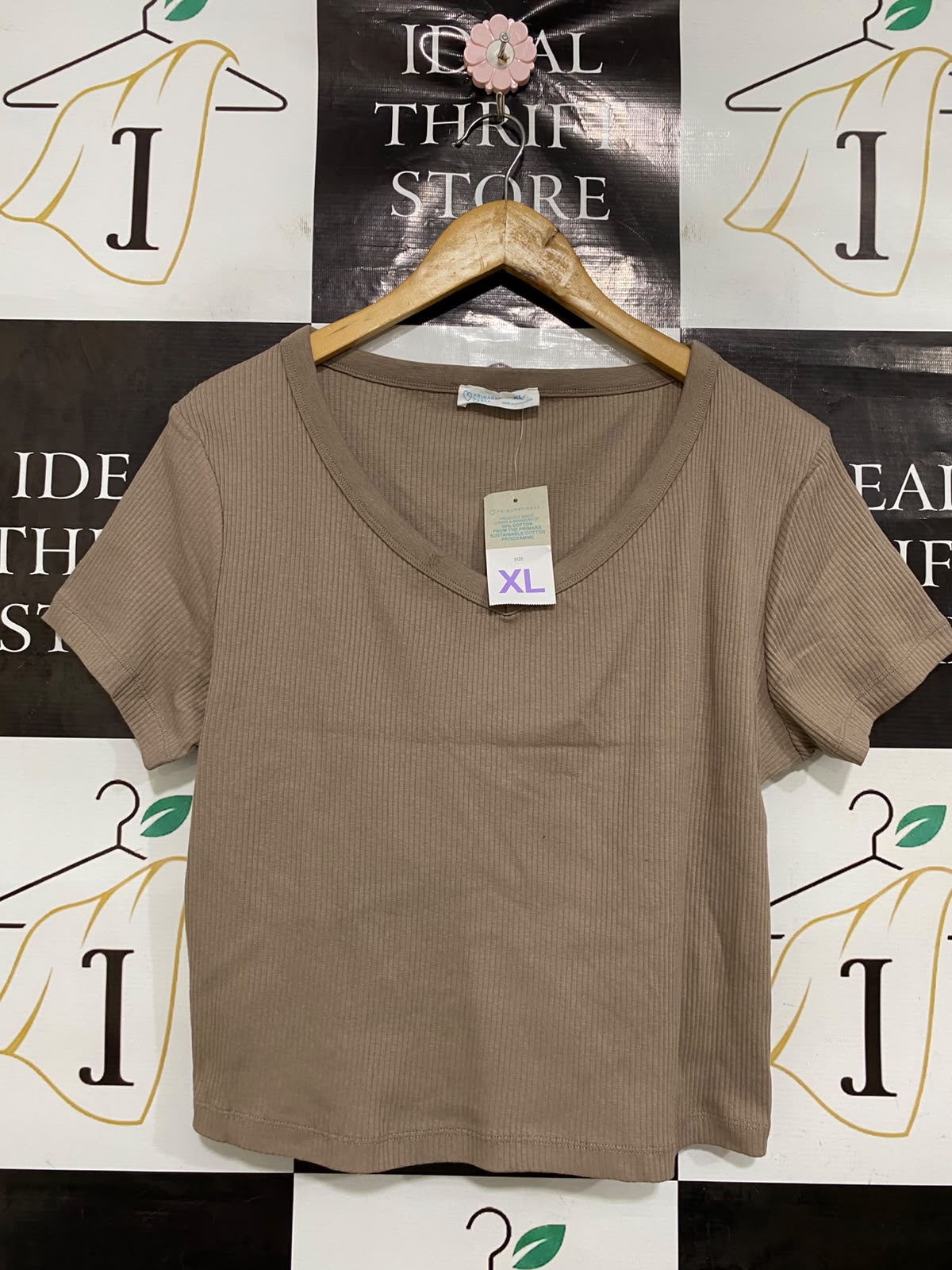 PRIMARK CARES |XL| BUST 20| A44| TAUPE RIBBED V-NECK TECHNICAL UTILITY CROP TOP
