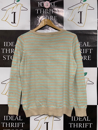 SES |M| BUST 19| A44| BEIGE AND BLUE STRIPED BUTTON-DOWN TECHNICAL UTILITY CARDIGAN