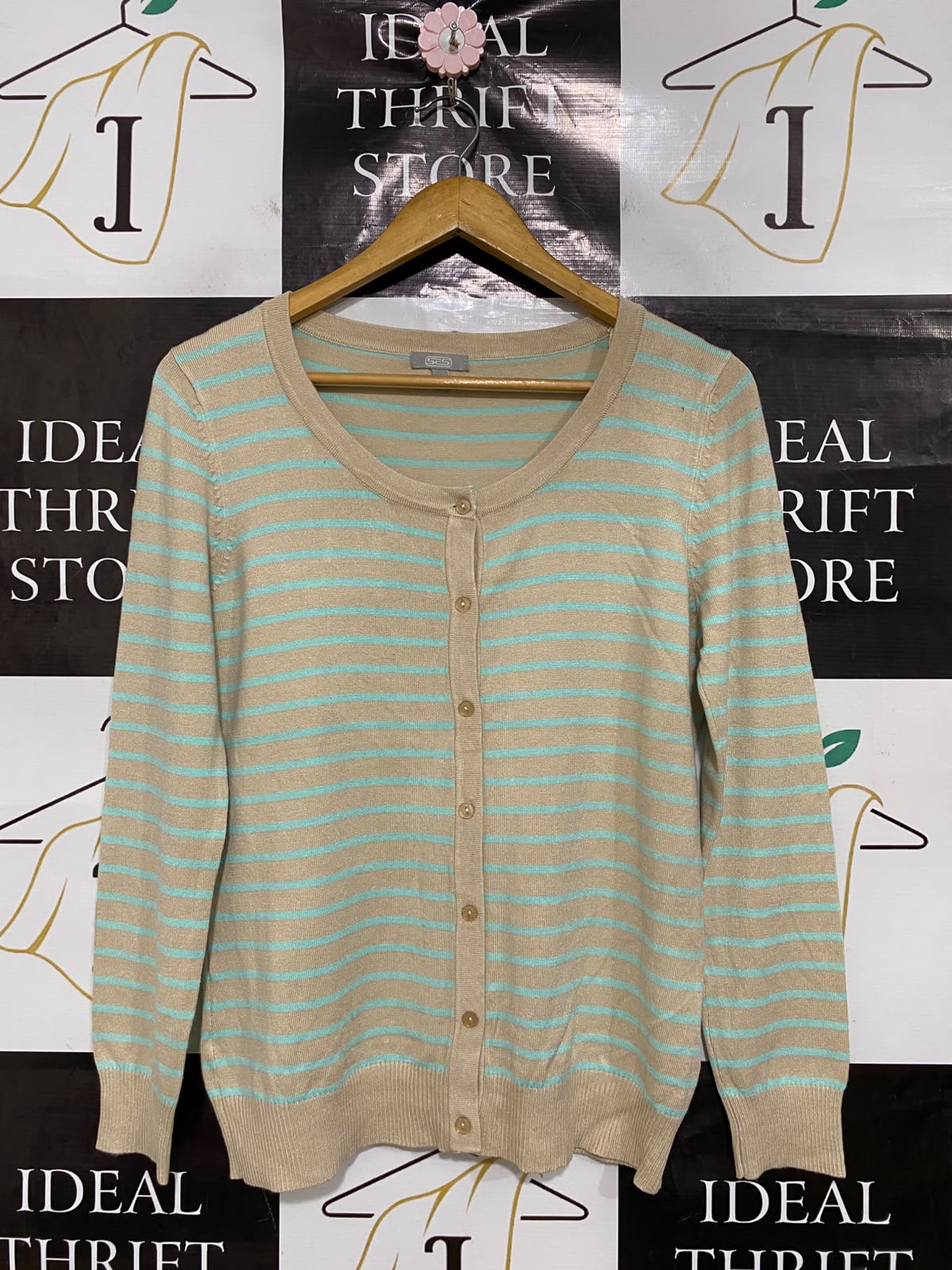 SES |M| BUST 19| A44| BEIGE AND BLUE STRIPED BUTTON-DOWN TECHNICAL UTILITY CARDIGAN