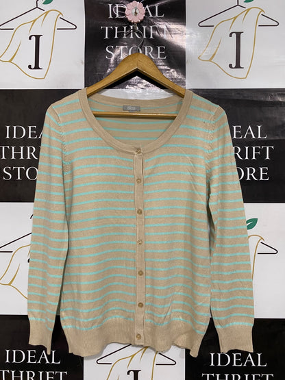 SES |M| BUST 19| A44| BEIGE AND BLUE STRIPED BUTTON-DOWN TECHNICAL UTILITY CARDIGAN