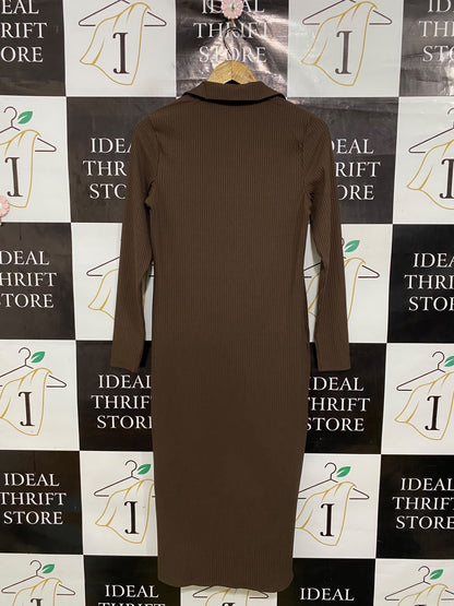 PRIMARK CARES |M| BUST 17| A44| BROWN RIBBED POLO COLLAR TECHNICAL UTILITY MIDI DRESS