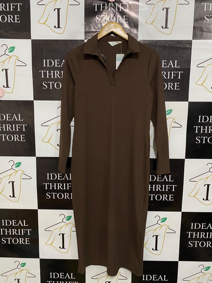 PRIMARK CARES |M| BUST 17| A44| BROWN RIBBED POLO COLLAR TECHNICAL UTILITY MIDI DRESS