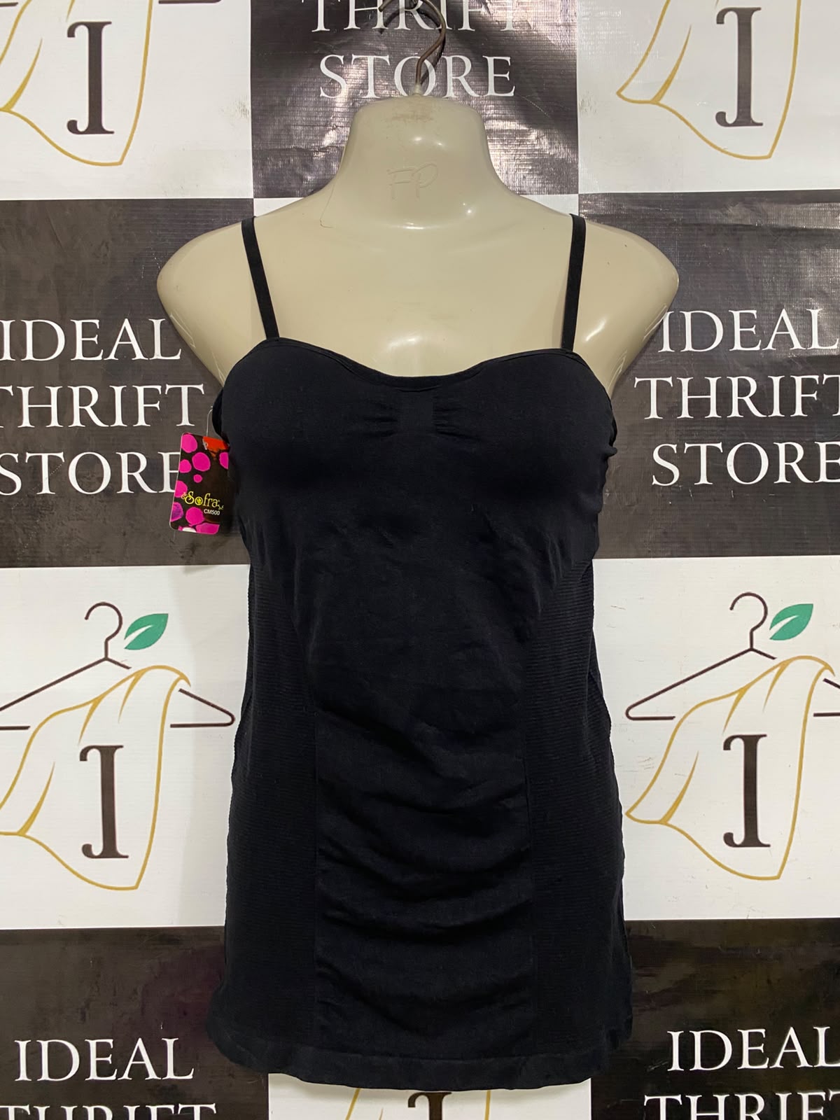SOFRA |S| BUST 15| A44| BLACK SEAMLESS SPAGHETTI STRAP TECHNICAL UTILITY CAMISOLE