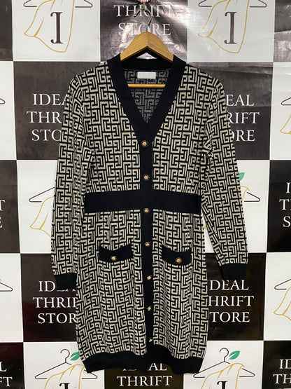 QUIZ |L| BUST 19| A44| BLACK AND BEIGE GEOMETRIC JACQUARD KNIT CARDIGAN DRESS