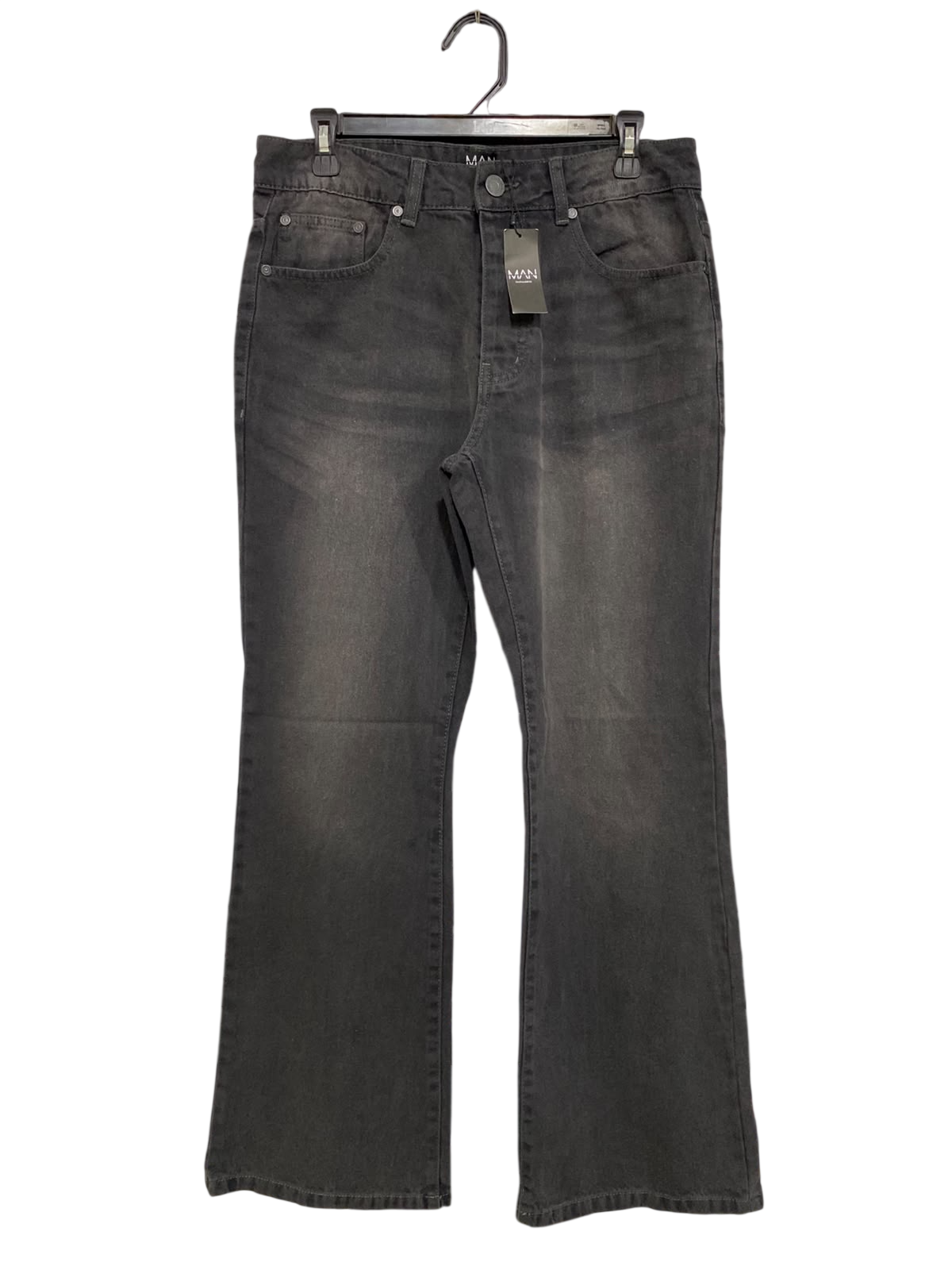 BOOHOO |L| WAIST 32| A45| WASHED BLACK FLARED TECHNICAL UTILITY DENIM JEANS