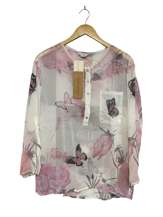 TENDENCY |S| BUST 20| A45| WHITE AND PINK BUTTERFLY FLORAL SHEER TECHNICAL UTILITY BLOUSE