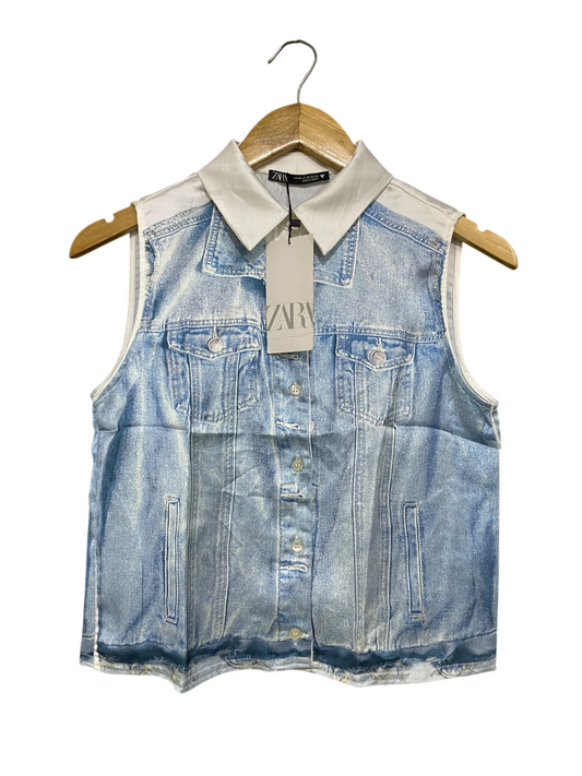 ZARA |XS| BUST 17| A45| BLUE DENIM-PRINT SLEEVELESS TECHNICAL UTILITY VEST