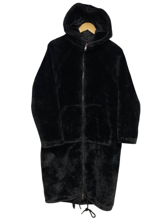 MONKI |XS| BUST 21| A45| BLACK FAUX-FUR HOODED TECHNICAL UTILITY MAXI COAT
