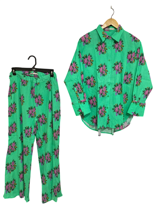 KHAADI |M| A45| GREEN FLORAL TEXTURED TECHNICAL UTILITY SHIRT AND TROUSER SET