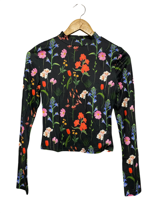 CIDER |XS| BUST 15| A46| BLACK BOTANICAL WILDFLOWER MOCK-NECK TECHNICAL UTILITY TOP