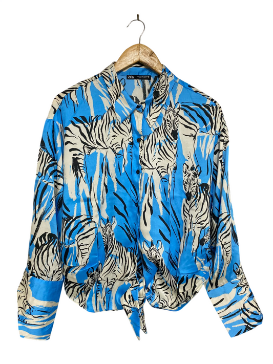 ZARA |M| BUST 22| A46| BLUE AND BLACK ZEBRA-PRINT TIE-FRONT TECHNICAL UTILITY SHIRT