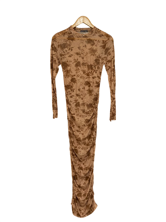 SHEIN |M| BUST 15| A68| BROWN FLORAL MESH RUCHED TECHNICAL UTILITY MIDI DRESS