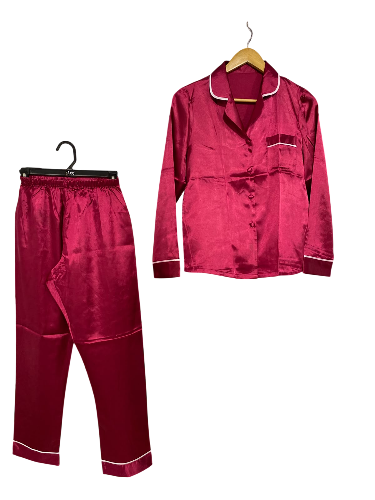 |S| A46| MAROON SATIN PIPED LOUNGE-STYLE TECHNICAL UTILITY PAJAMA SET