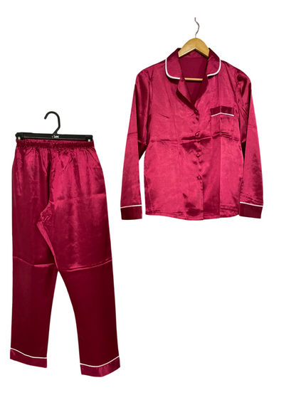 |S| A46| MAROON SATIN PIPED LOUNGE-STYLE TECHNICAL UTILITY PAJAMA SET