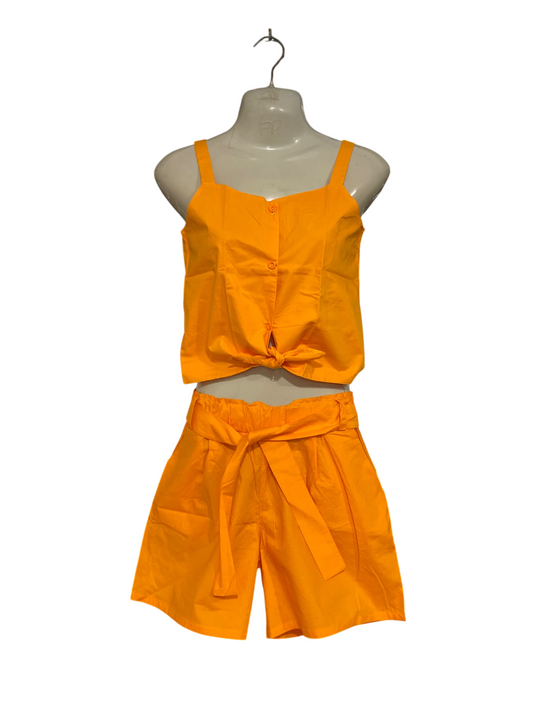 MELBY |S| A46| VIBRANT ORANGE TIE-FRONT CROP TOP AND PAPERBAG SHORTS TECHNICAL UTILITY SET