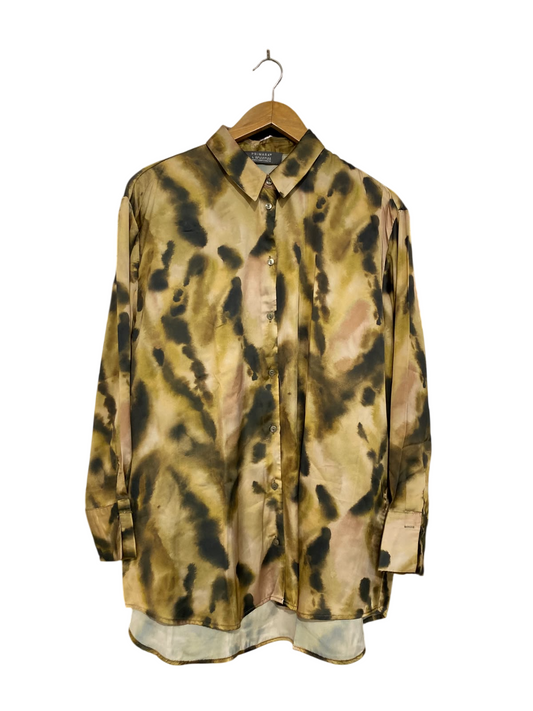 PRIMARK |L| BUST 24| A46| OLIVE AND BLACK TIE-DYE ABSTRACT-PRINT TECHNICAL UTILITY SHIRT