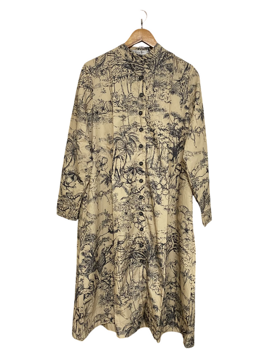 CHRISTIAN DIOR |M| BUST 21| A46| BEIGE AND BLACK TOILE DE JOUY BOTANICAL PRINT TECHNICAL UTILITY SHIRT DRESS