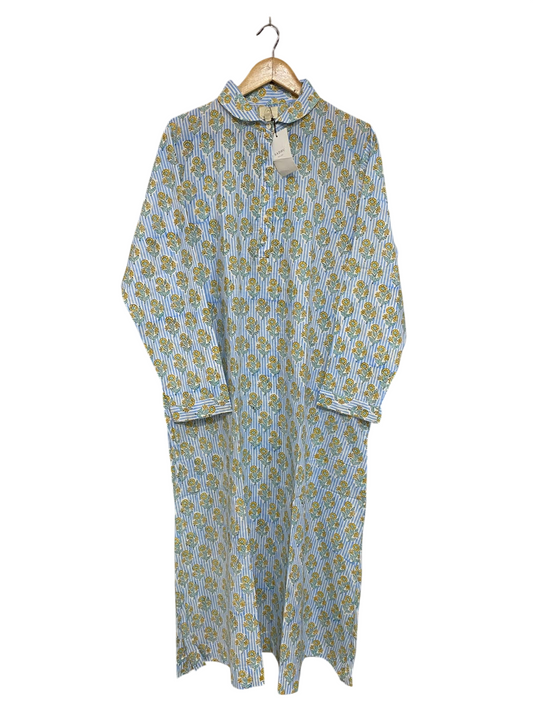 SADHU |M/L| BUST 22| A46| BLUE STRIPED AND YELLOW FLORAL PRINT TECHNICAL UTILITY SHIRT DRESS