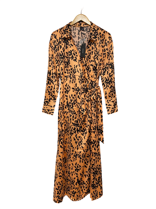 VERO MODA |M| BUST 18| A46| CAMEL AND BLACK ANIMAL-PRINT WRAP TECHNICAL UTILITY MIDI DRESS