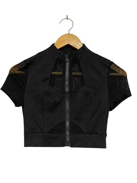 SHEIN |XS| BUST 13| A46| BLACK MESH-PANELED ZIP-FRONT TECHNICAL UTILITY CROP TOP
