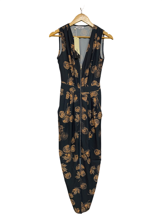 STRIKING |S| BUST 15| A46| NAVY AND MUSTARD FLORAL SLEEVELESS TECHNICAL UTILITY JUMPSUIT