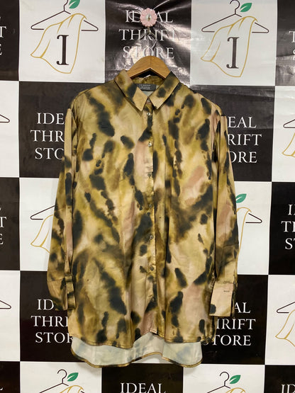 PRIMARK |L| BUST 24| A46| OLIVE AND BLACK TIE-DYE ABSTRACT-PRINT TECHNICAL UTILITY SHIRT