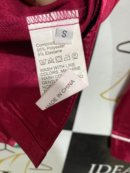 |S| A46| MAROON SATIN PIPED LOUNGE-STYLE TECHNICAL UTILITY PAJAMA SET