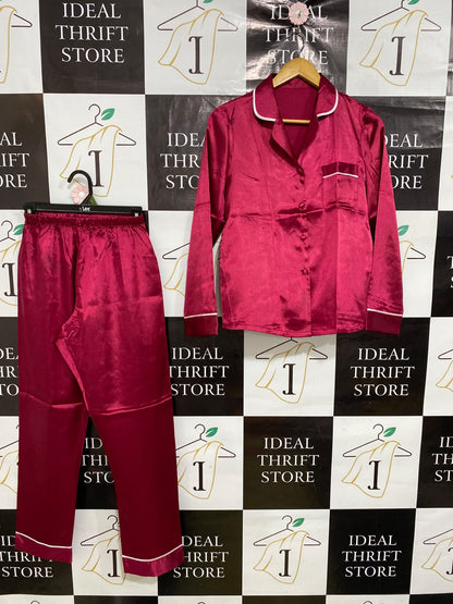 |S| A46| MAROON SATIN PIPED LOUNGE-STYLE TECHNICAL UTILITY PAJAMA SET