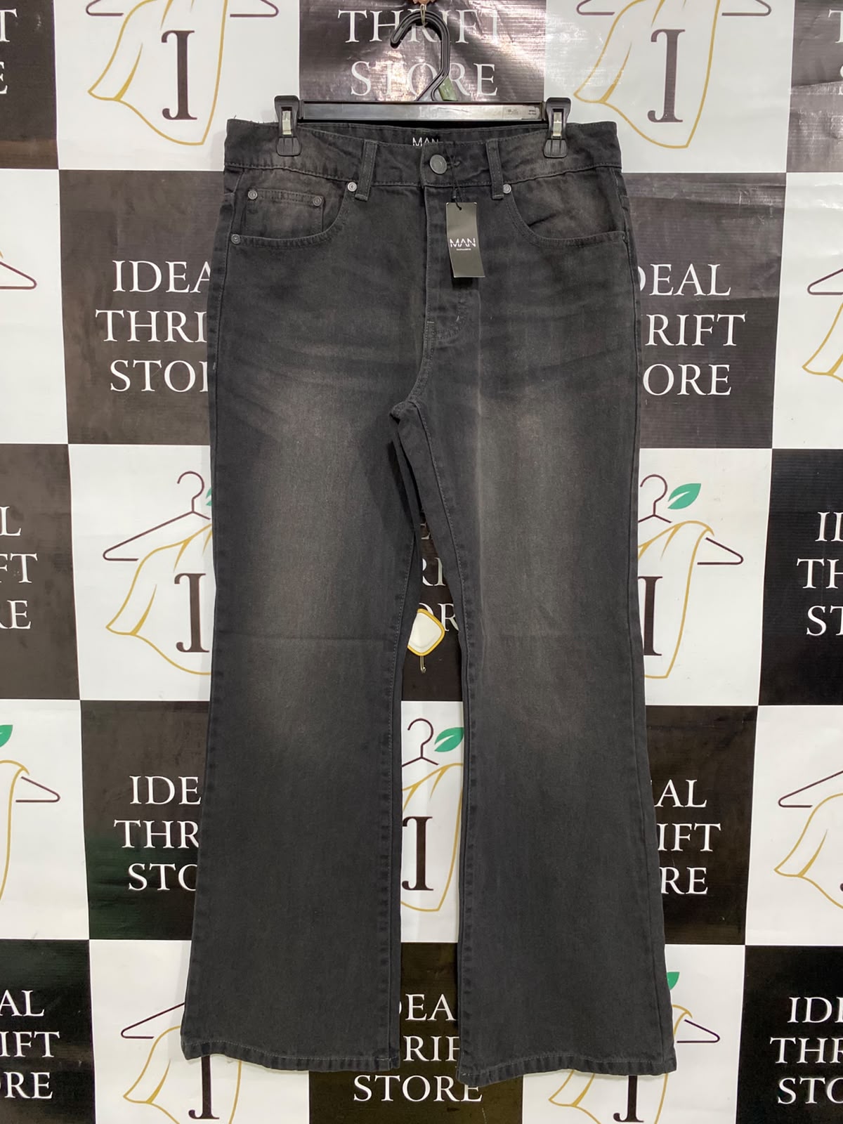 BOOHOO |L| WAIST 32| A45| WASHED BLACK FLARED TECHNICAL UTILITY DENIM JEANS