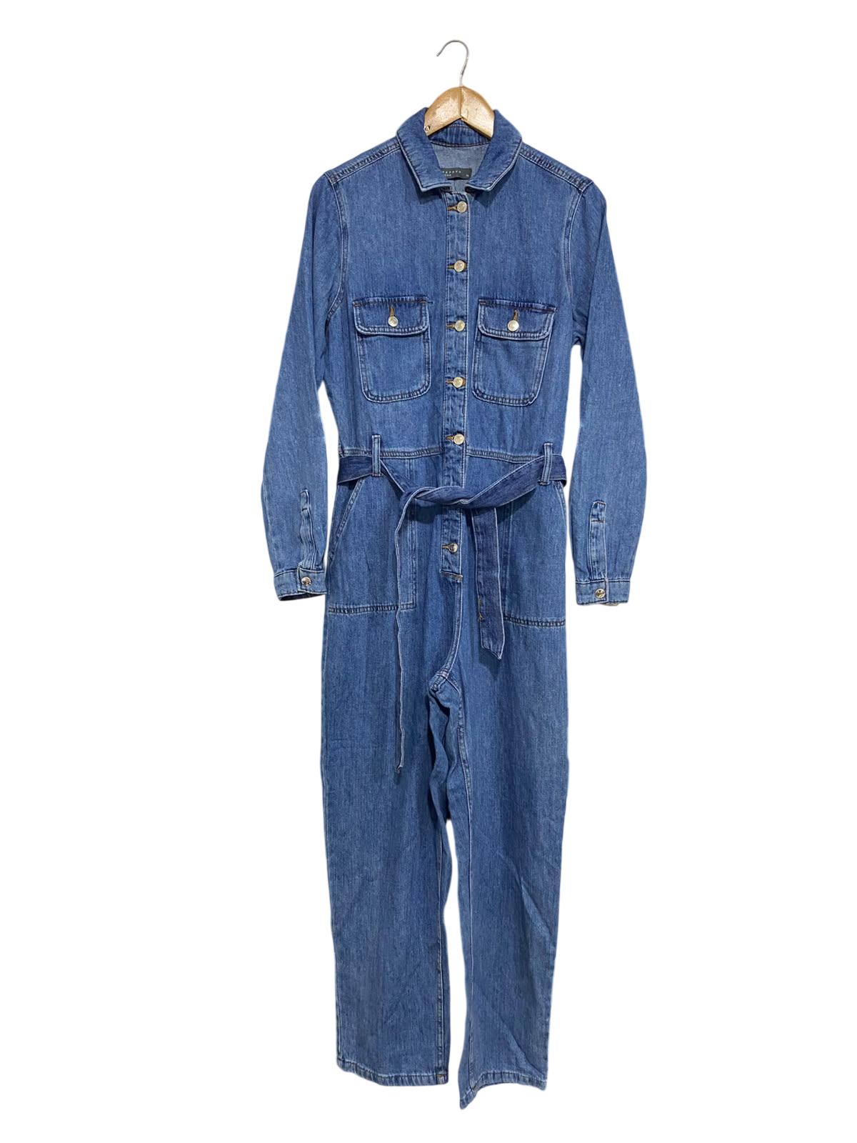 PAPAYA |L| BUST 20| A46| MEDIUM-WASH DENIM TIE-WAIST UTILITY JUMPSUIT