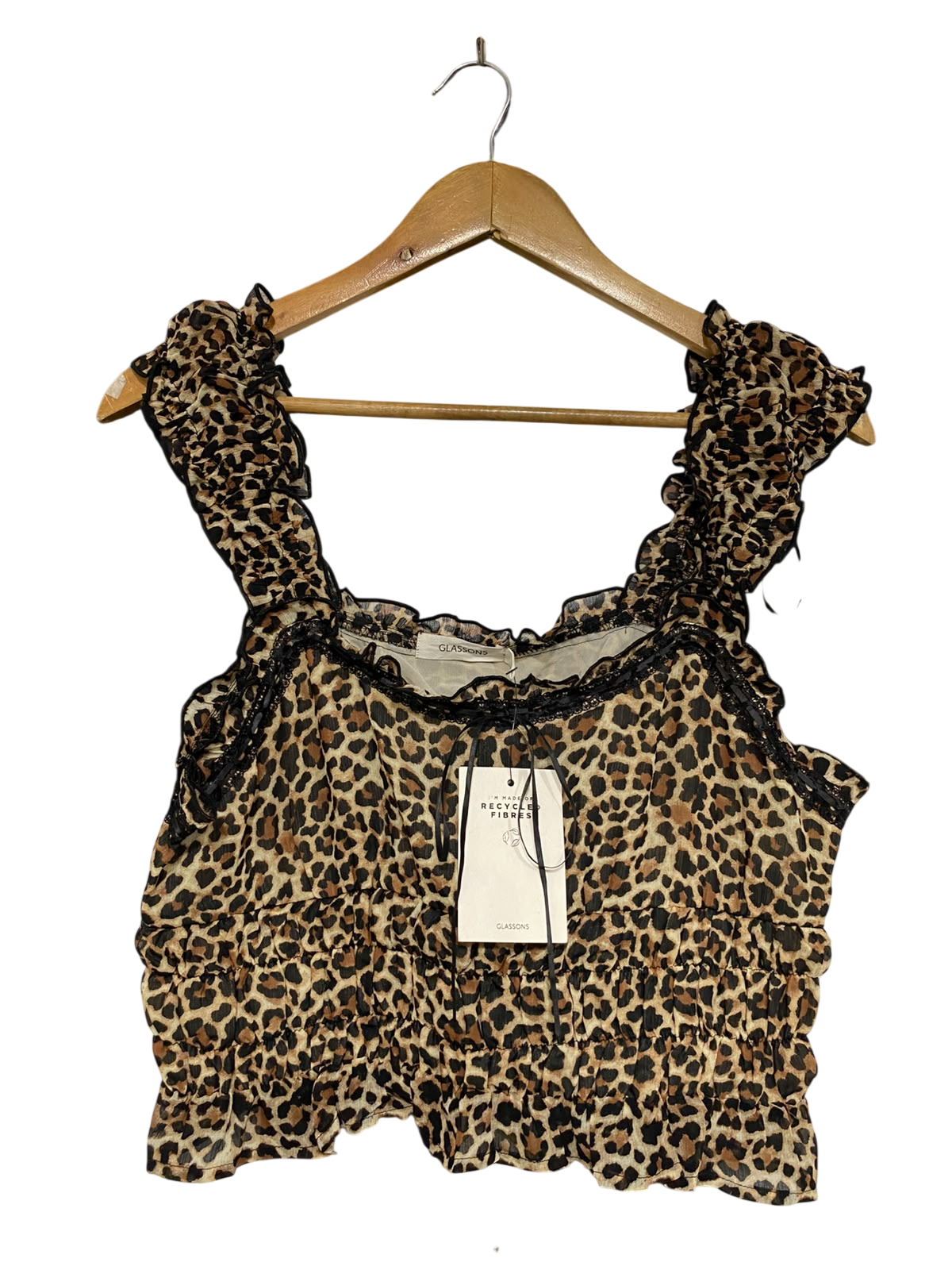 GLASSONS |M| BUST 14| A46| LEOPARD-PRINT RUFFLED STRAP TECHNICAL UTILITY CROP TOP
