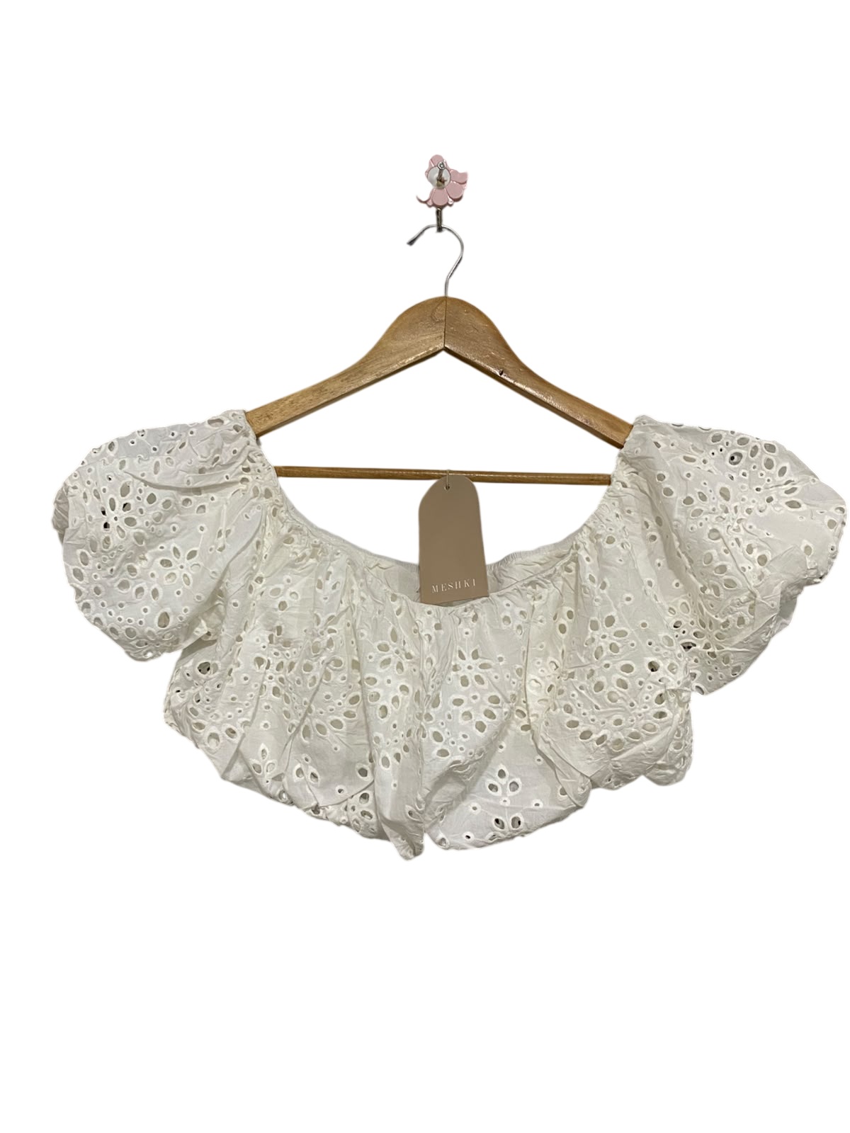 MESHKI |L| BUST 18| A46| WHITE EYELET EMBROIDERED OFF-SHOULDER TECHNICAL UTILITY CROP TOP
