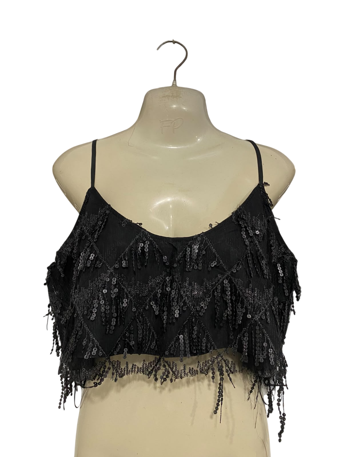 SHOW PO |M| BUST 19| A46| BLACK SEQUIN-EMBELLISHED FRINGE TECHNICAL UTILITY CROP TOP