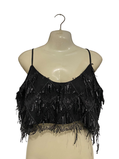 SHOW PO |M| BUST 19| A46| BLACK SEQUIN-EMBELLISHED FRINGE TECHNICAL UTILITY CROP TOP