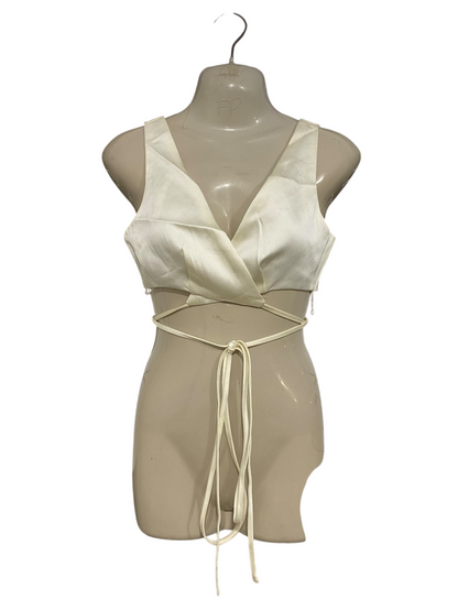 NATASHA OAKLEY |S| BUST 15| A46| IVORY WRAP-FRONT TIE-WAIST TECHNICAL UTILITY CROP TOP
