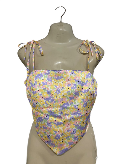 RUNAWAY HEART |S| BUST 16| A46| PASTEL FLORAL TIE-STRAP TECHNICAL UTILITY CROP TOP
