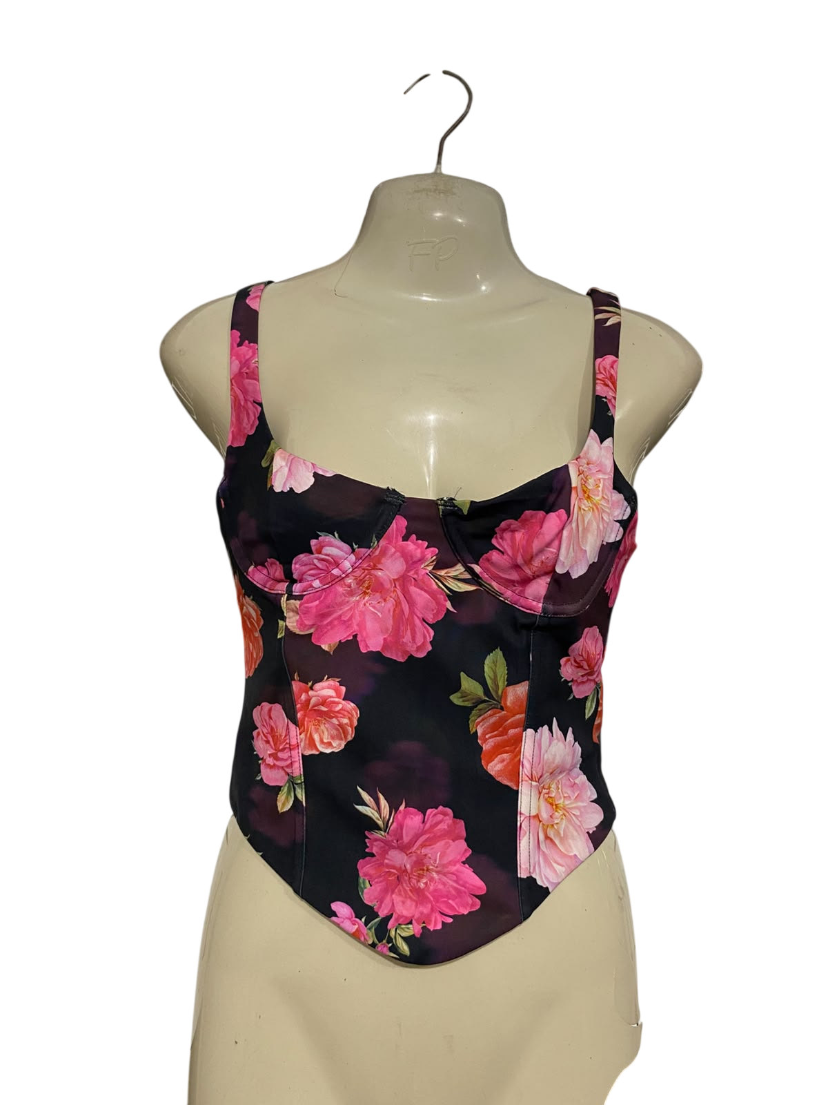 WHITE FOX |XS| BUST 15| A46| BLACK AND PINK FLORAL-PRINT CORSET TECHNICAL UTILITY CROP TOP